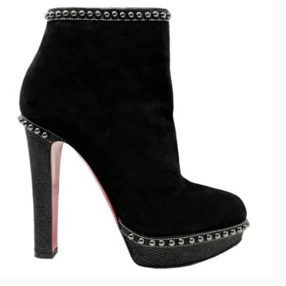 Christian Louboutin Figurina Black Suede Studded Platform High Heels Ankle Boots - Picture 7 of 8
